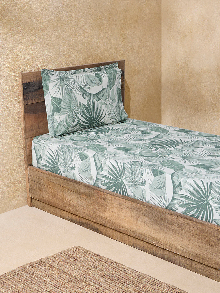 Westside Home Sage Leaf Design Single Bed Flat Sheet and Pillowcase Set