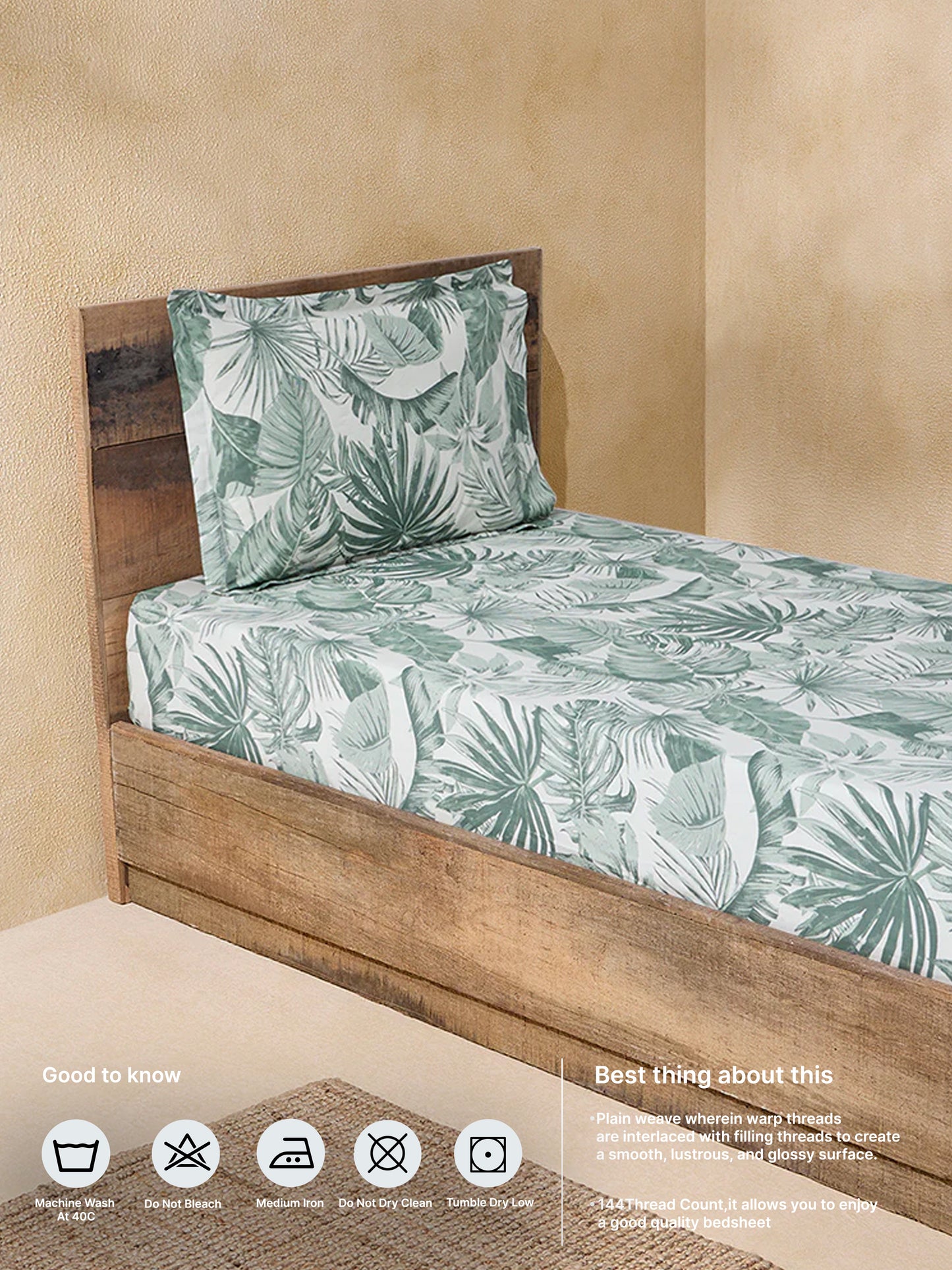 Westside Home Sage Leaf Design Single Bed Flat Sheet and Pillowcase Set