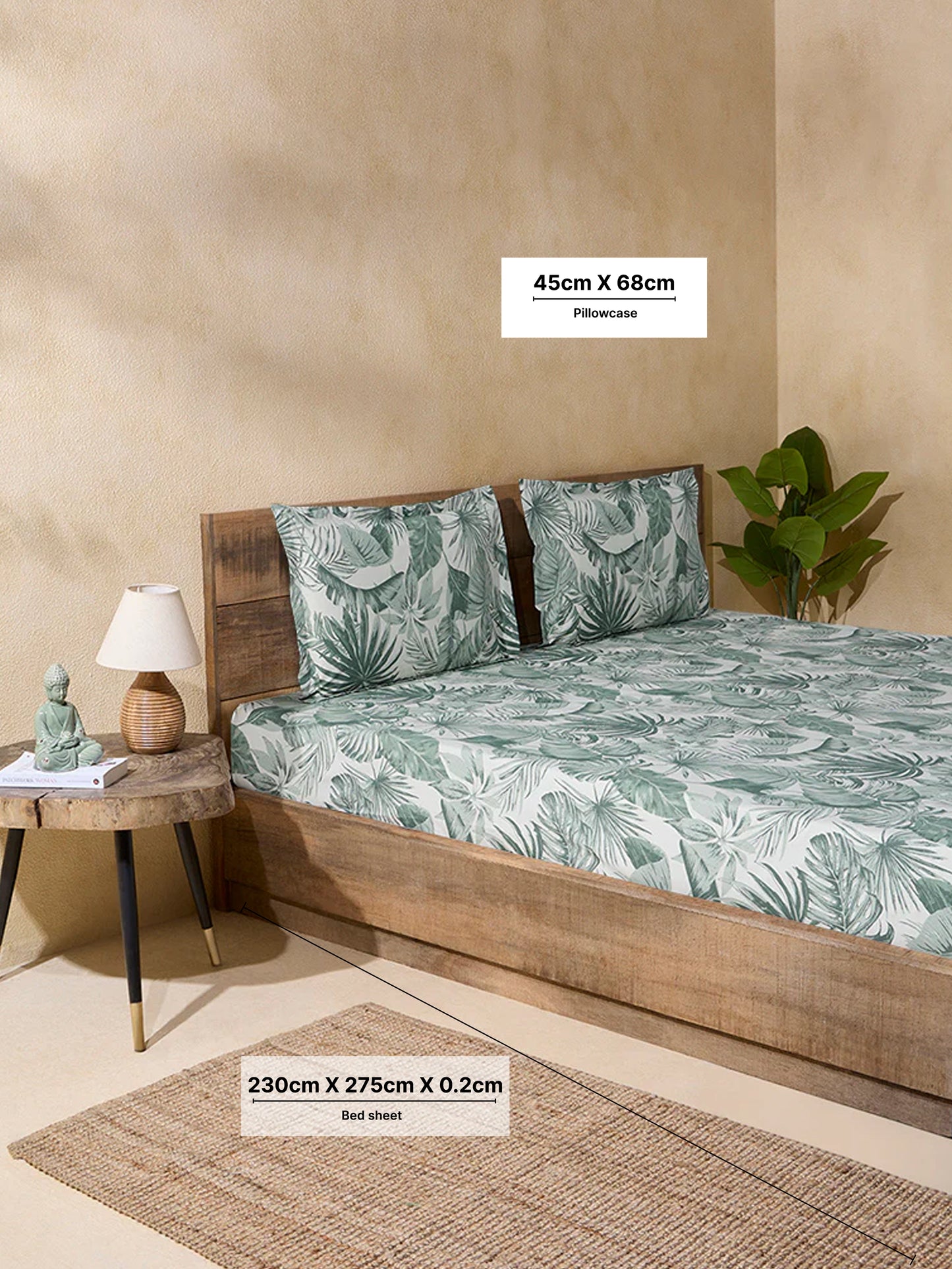 Westside Home Sage Leaf Design Double Bed Flat Sheet and Pillowcase Set