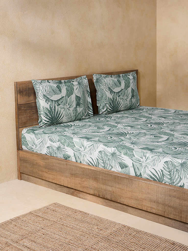 Westside Home Sage Leaf Design Double Bed Flat Sheet and Pillowcase Set