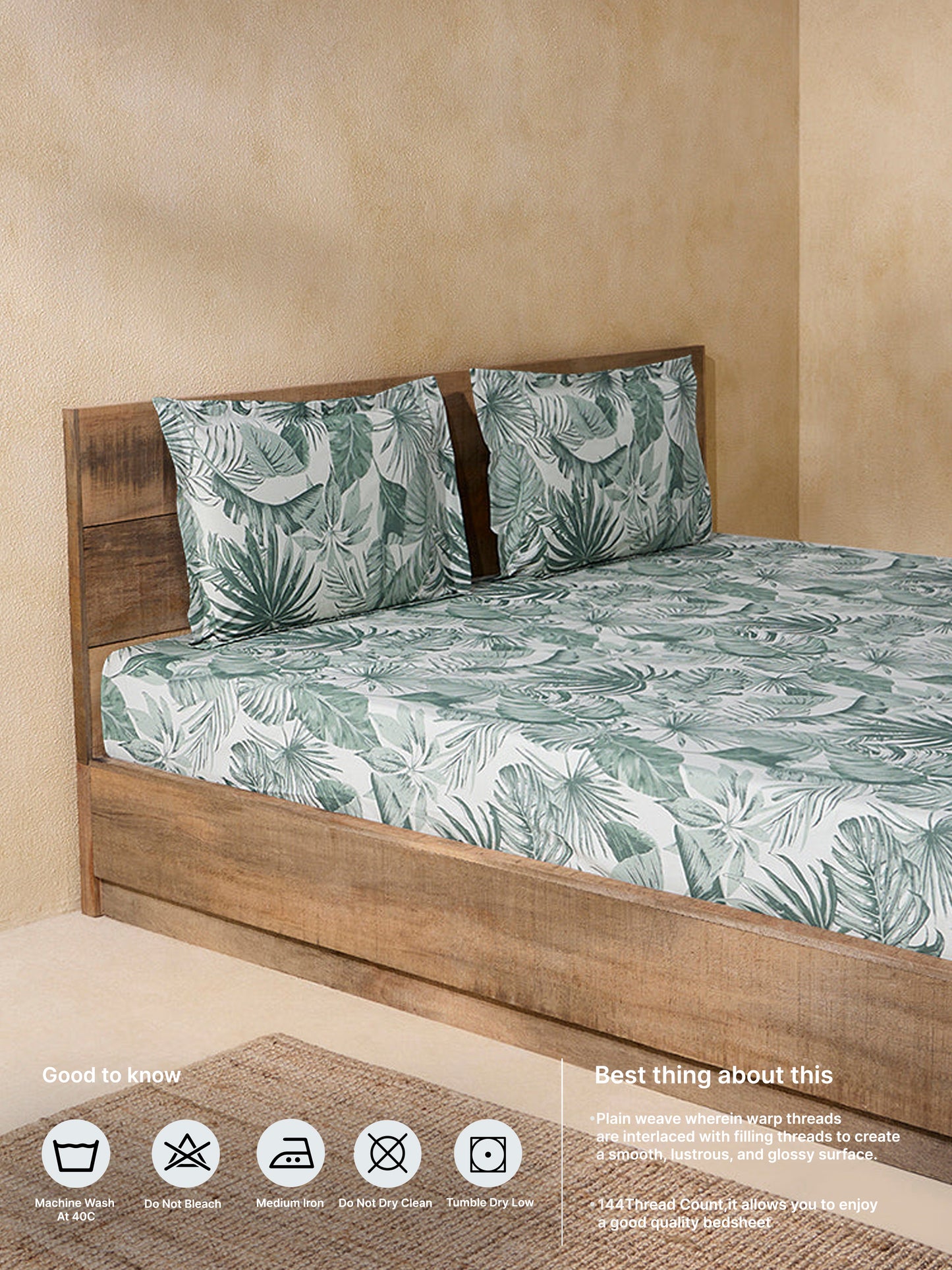 Westside Home Sage Leaf Design Double Bed Flat Sheet and Pillowcase Set