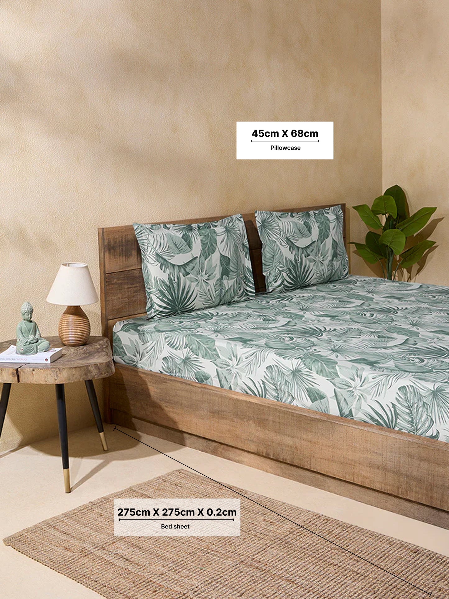 Westside Home Sage Leaf Design King Bed Flat Sheet and Pillowcase Set