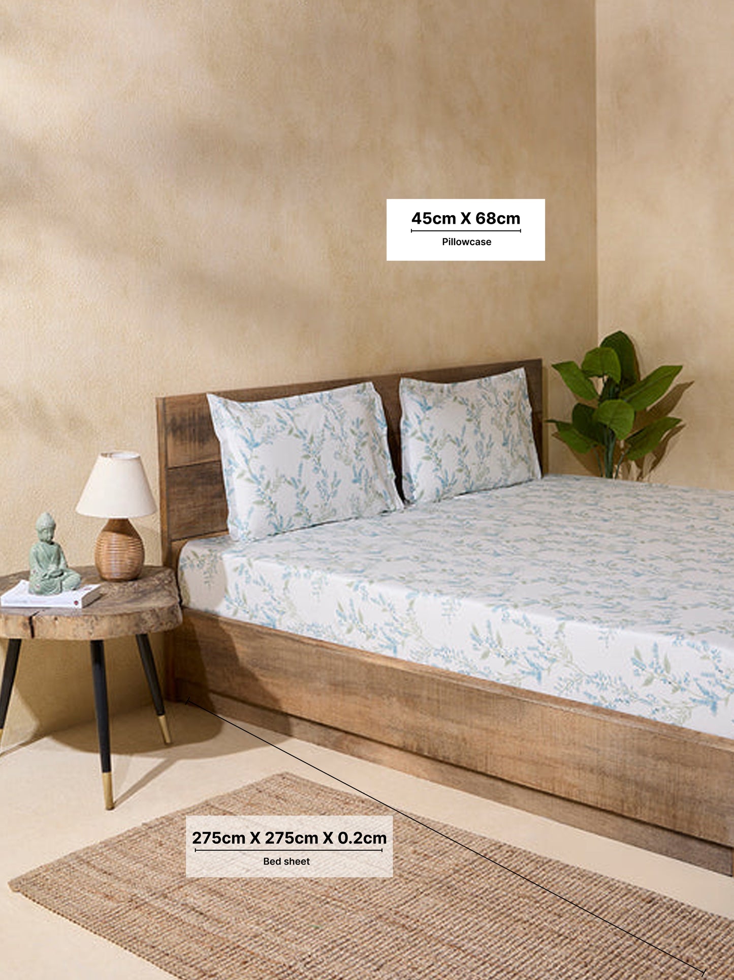 Westside Home Dusty Blue Print King Bed Flat Sheet and Pillowcase Set