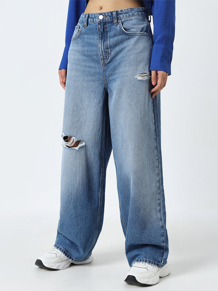 Nuon Blue Distressed Wide-Leg High-Rise Jeans