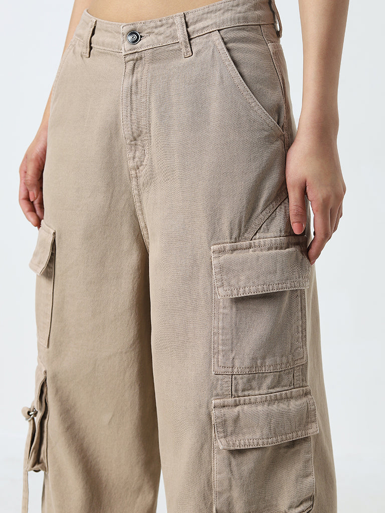 Nuon Beige Cargo-Style Relaxed - Fit High - Rise Jeans