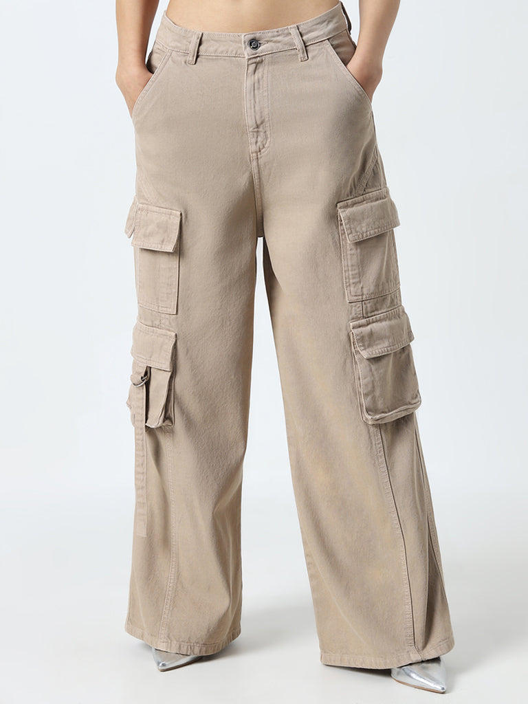 Nuon Beige Cargo-Style Relaxed - Fit High - Rise Jeans