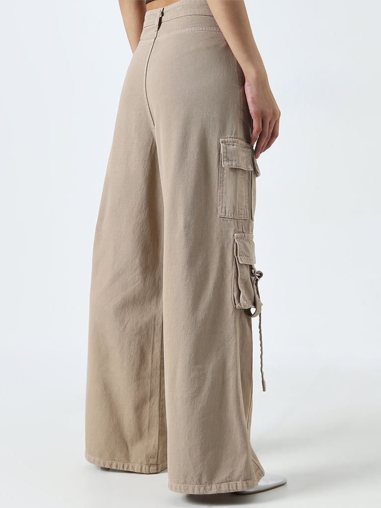 Nuon Beige Cargo-Style Relaxed - Fit High - Rise Jeans