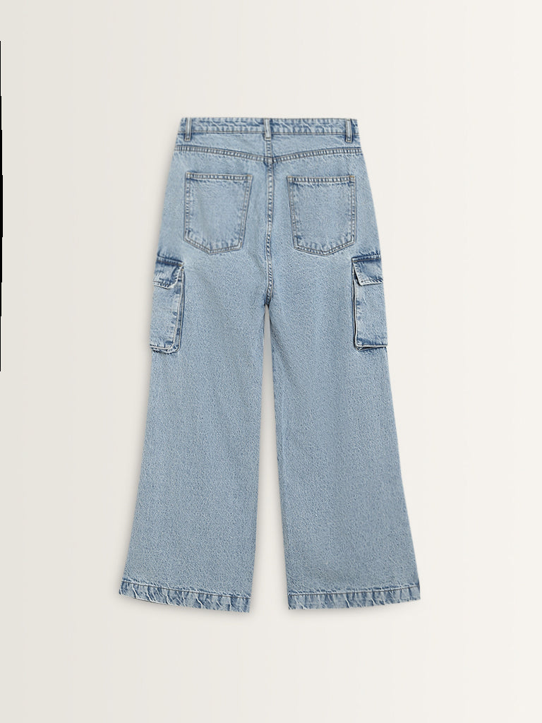 Nuon Light Blue Relaxed - Fit Cargo-Style Mid - Rise Jeans