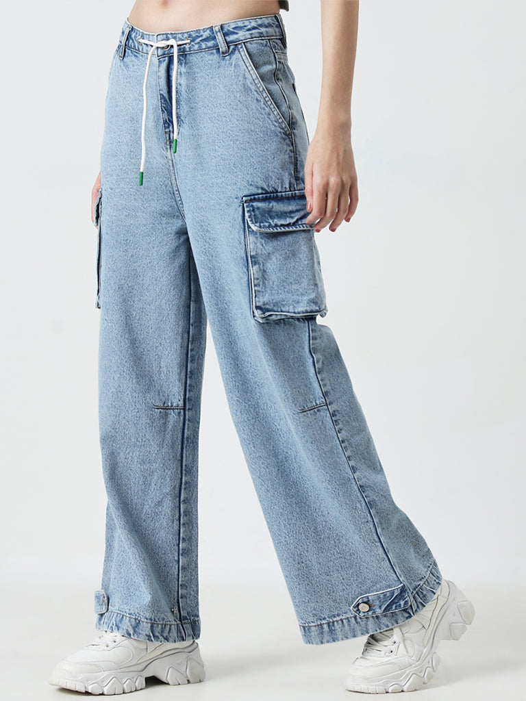 Nuon Light Blue Relaxed - Fit Cargo-Style Mid - Rise Jeans