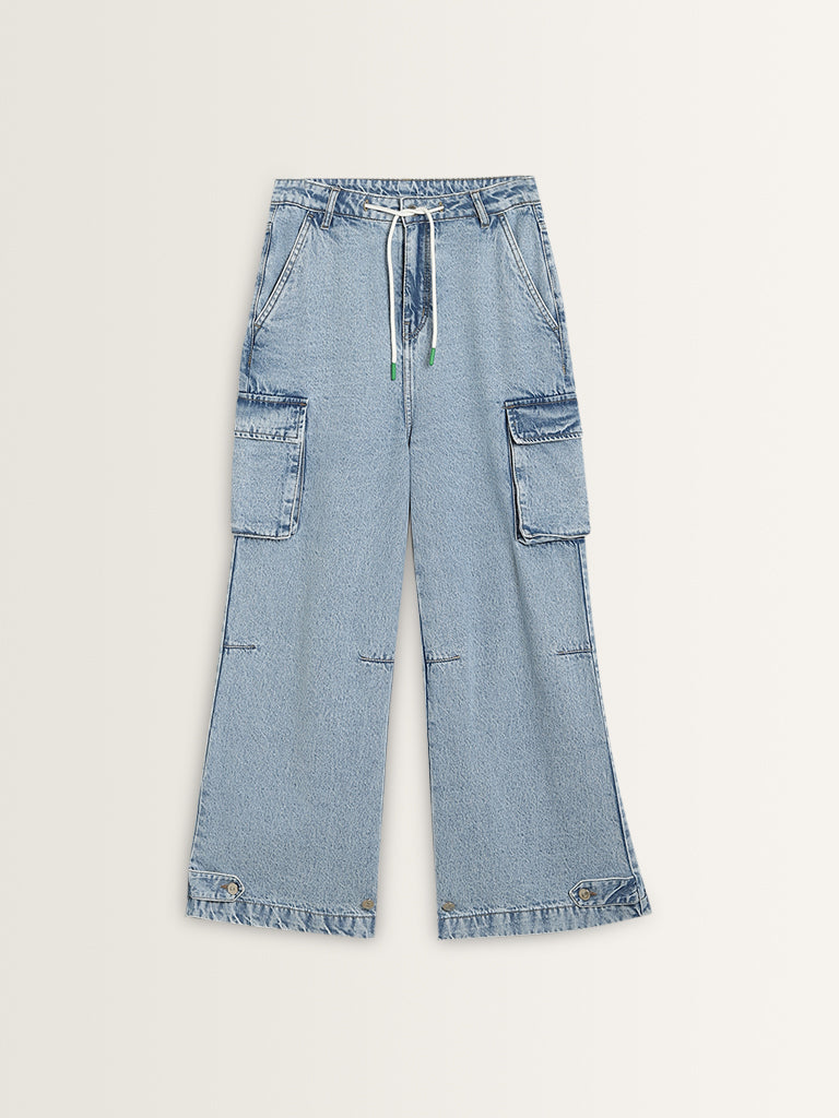 Nuon Light Blue Relaxed - Fit Cargo-Style Mid - Rise Jeans