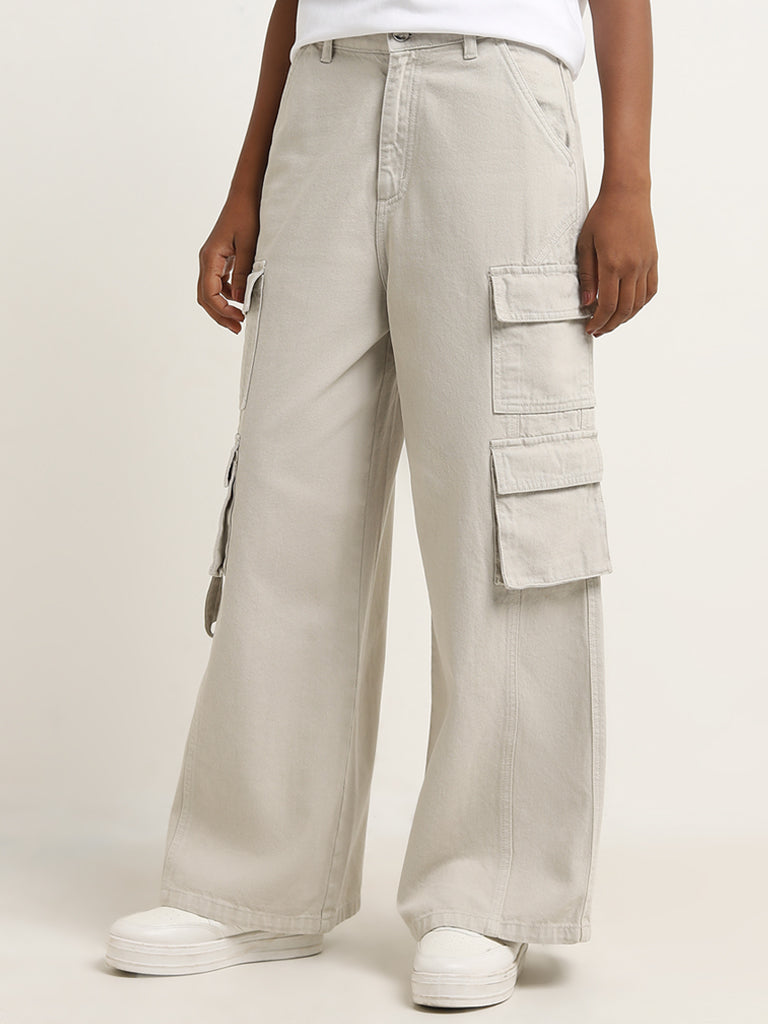 Nuon Light Beige Cargo-Style Wide Leg - Fit High - Rise Jeans