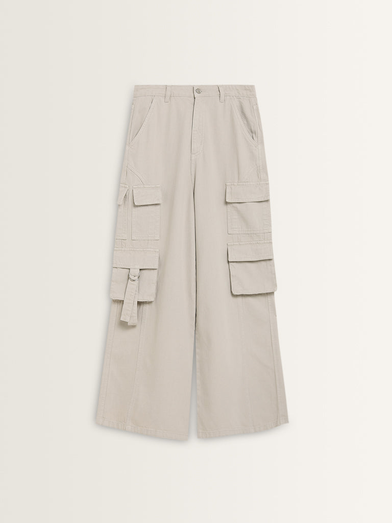 Nuon Light Beige Cargo-Style Wide Leg - Fit High - Rise Jeans