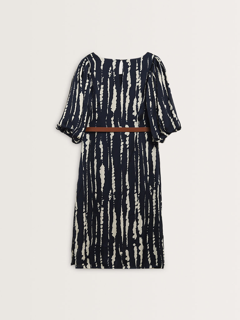 Wardrobe Navy Abstract Design Straight Dress with Belt