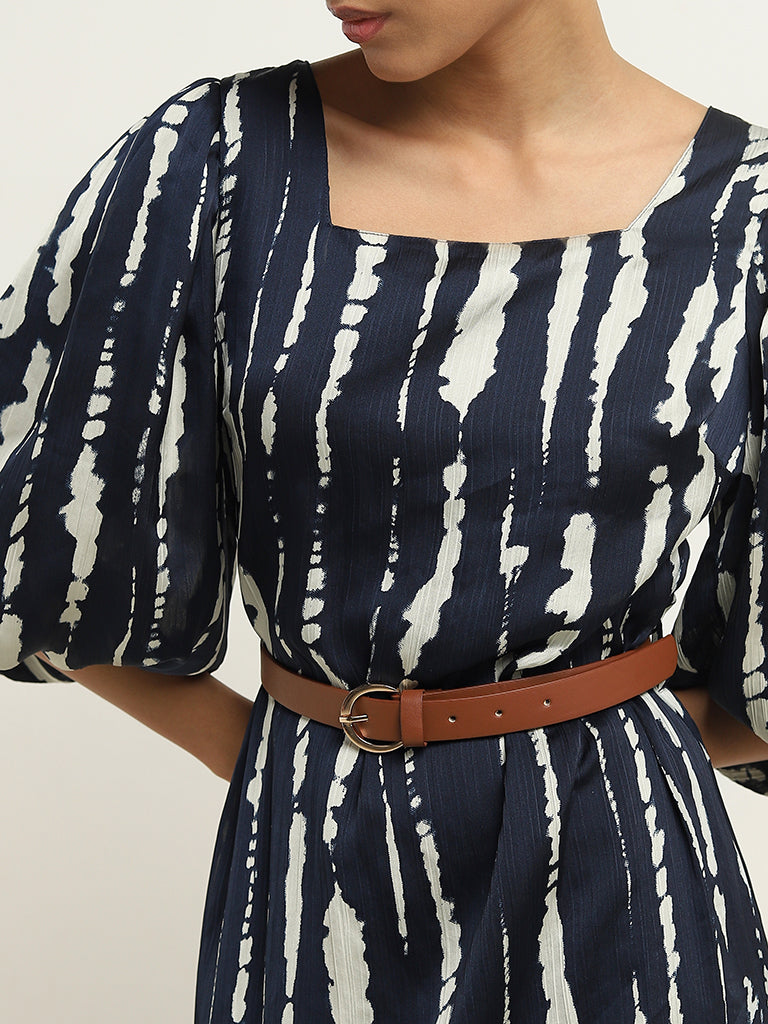 Wardrobe Navy Abstract Design Straight Dress with Belt