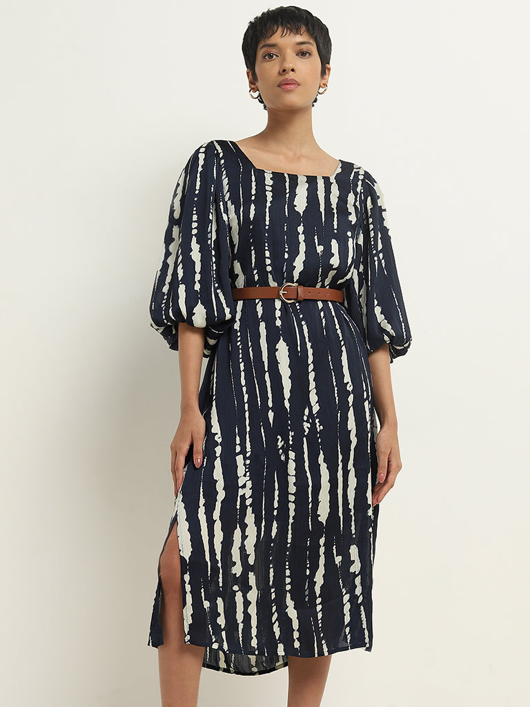 Wardrobe Navy Abstract Design Straight Dress with Belt