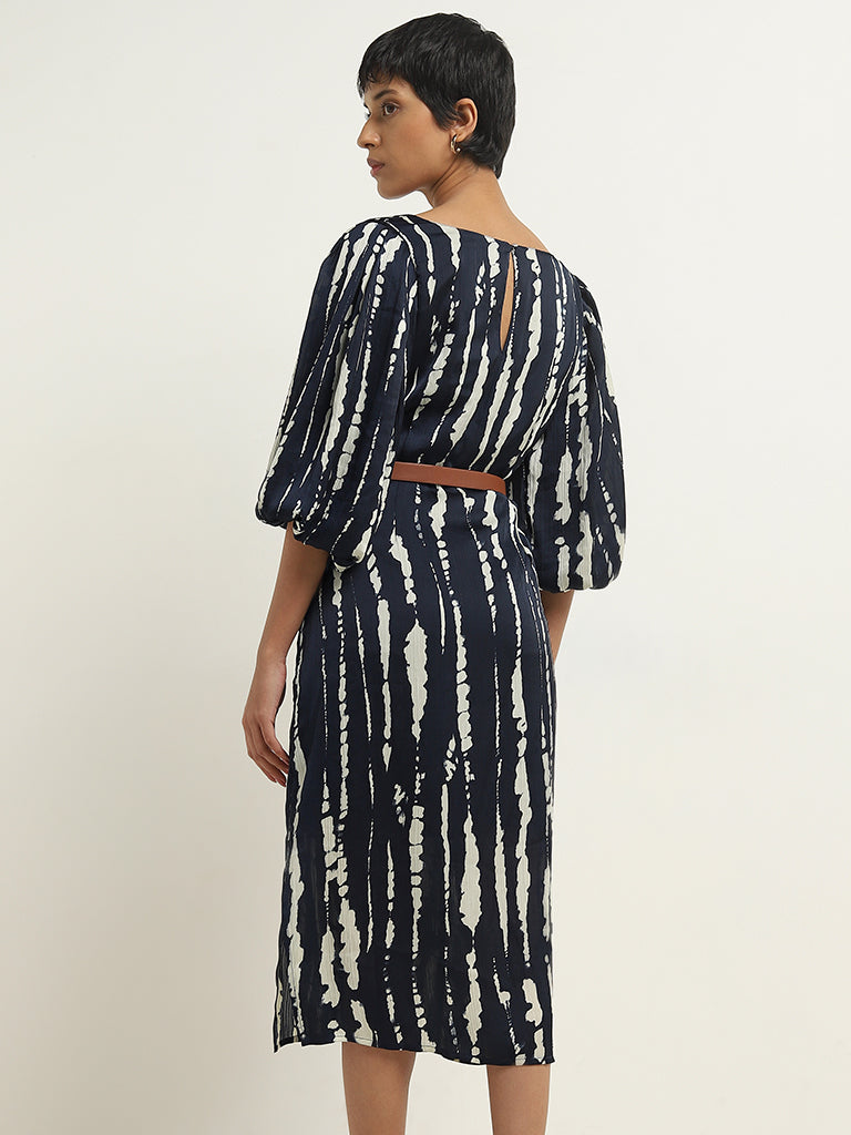 Wardrobe Navy Abstract Design Straight Dress with Belt