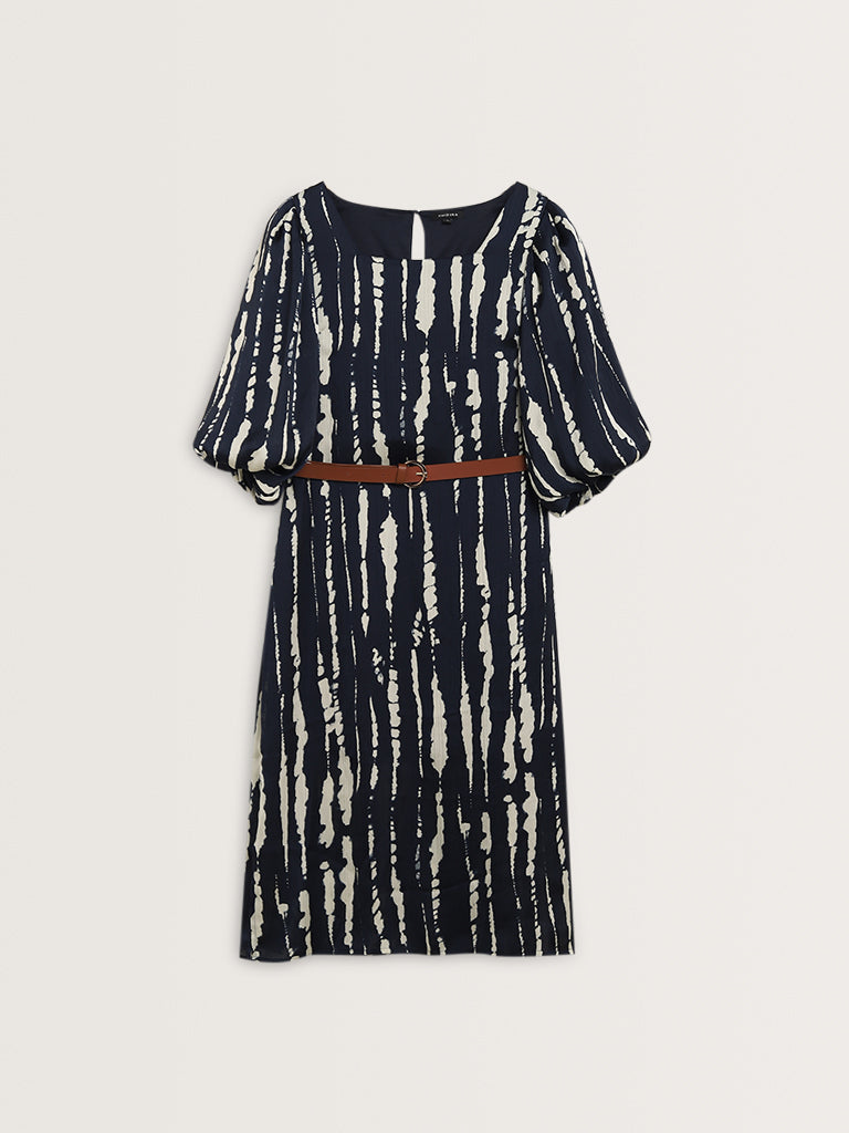 Wardrobe Navy Abstract Design Straight Dress with Belt