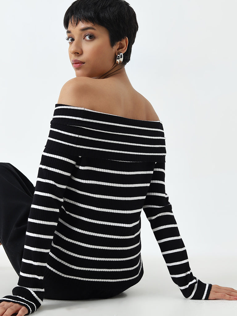 LOV Black Striped Off-Shoulder Top