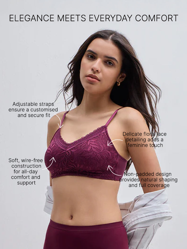 Wunderlove Burgundy Floral Lace Design Non-Padded Bra