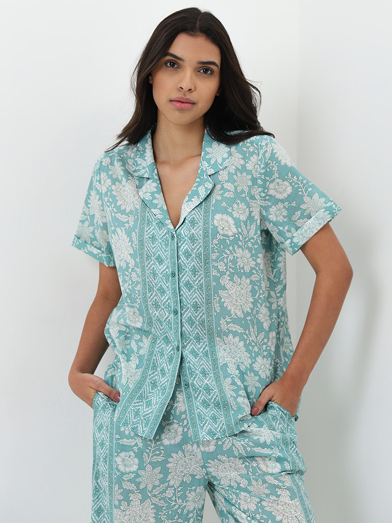 Wunderlove Turquoise Floral Cotton Shirt with Pyjamas Set