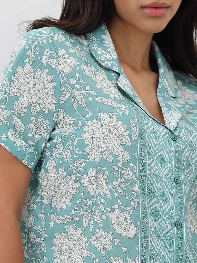 Wunderlove Turquoise Floral Cotton Shirt with Pyjamas Set