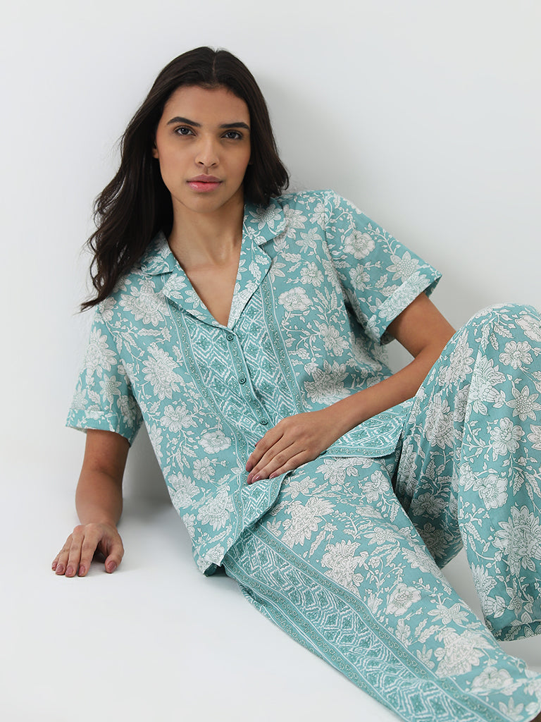 Wunderlove Turquoise Floral Cotton Shirt with Pyjamas Set