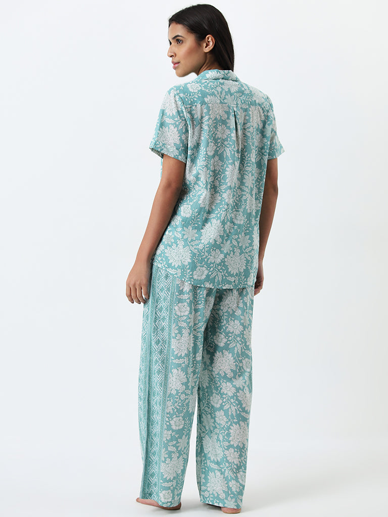 Wunderlove Turquoise Floral Cotton Shirt with Pyjamas Set