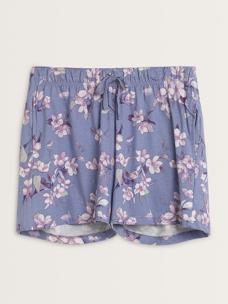 Wunderlove Blue Floral Patterned High-Rise Cotton Shorts