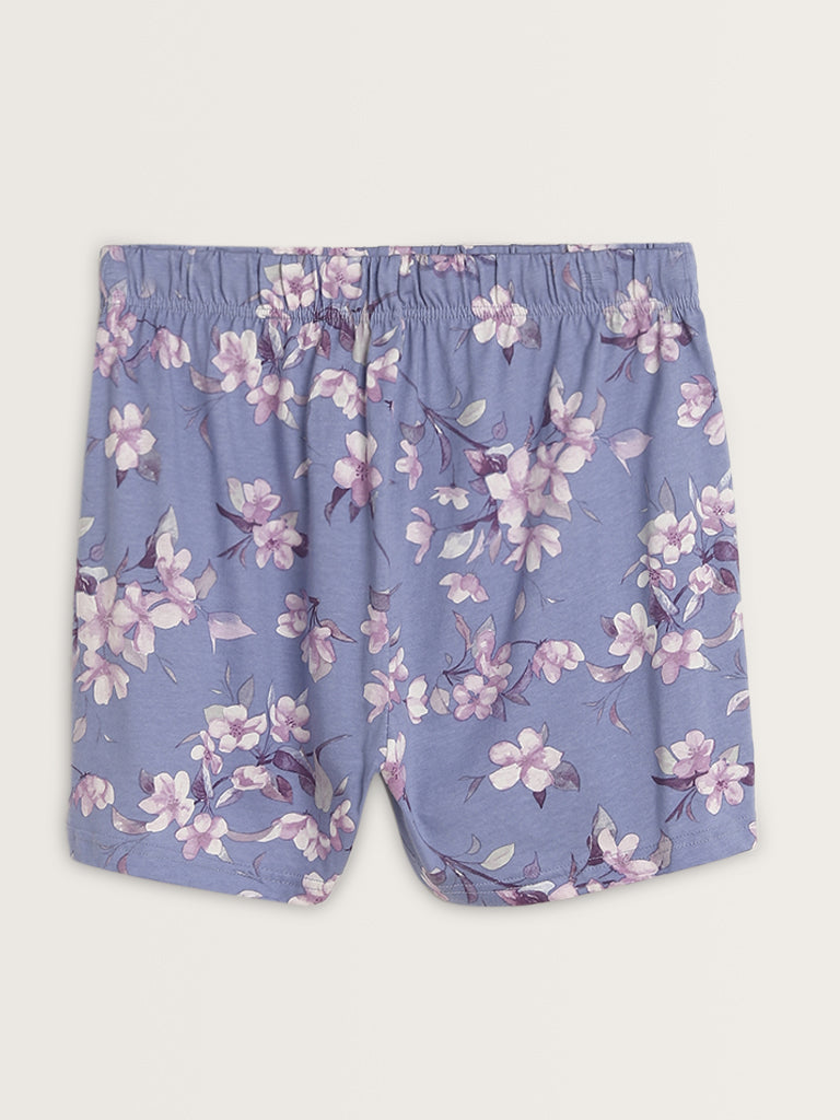 Wunderlove Blue Floral Patterned High-Rise Cotton Shorts