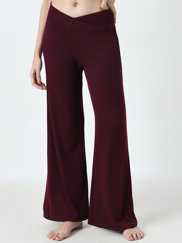 Superstar Burgundy Ribbed Textured Mid-Rise Pants