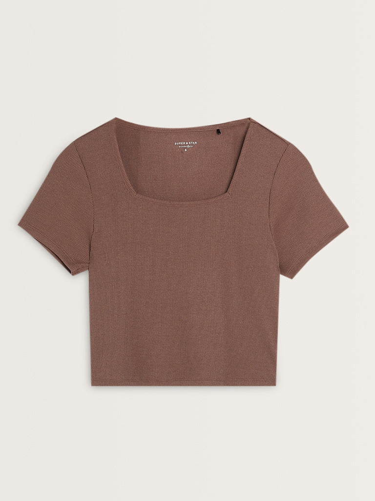 Superstar Brown Ribbed Textured T-Shirt