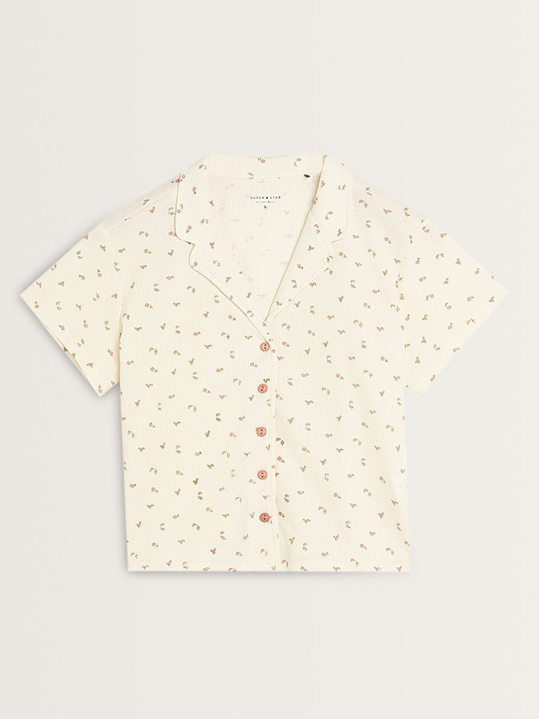 Superstar Ivory Floral Printed Waffle Textured Shirt