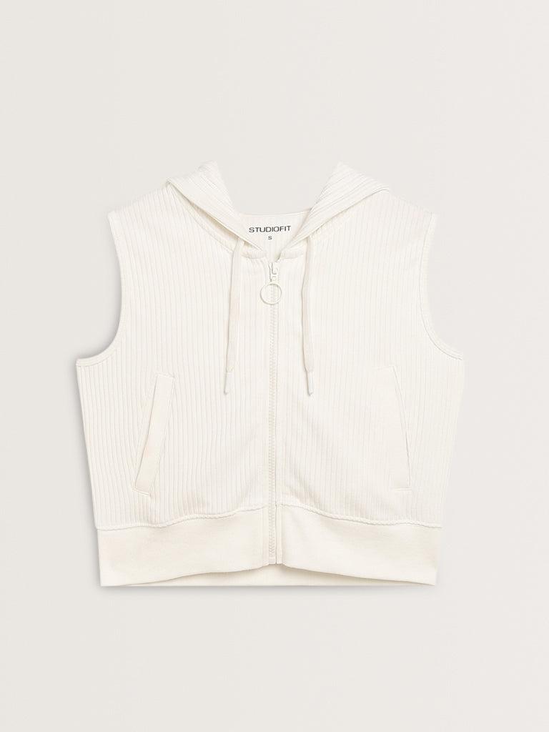 Studiofit White Ribbed Textured Cotton Jacket