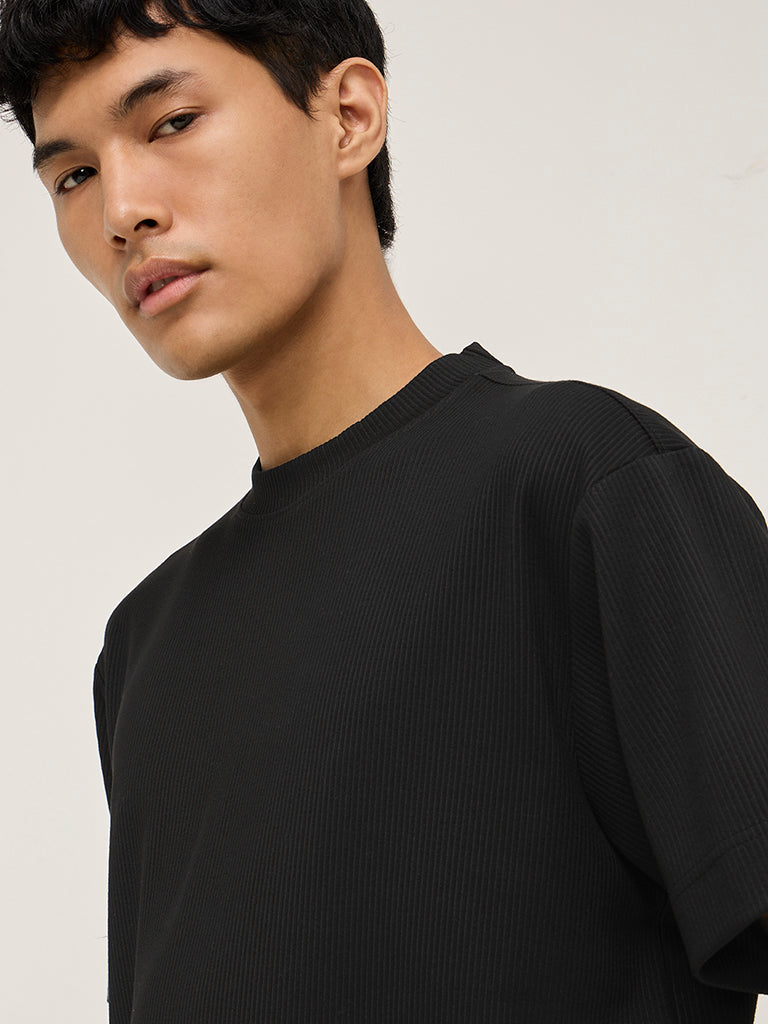 Studiofit Black Ribbed Relaxed-Fit T-Shirt