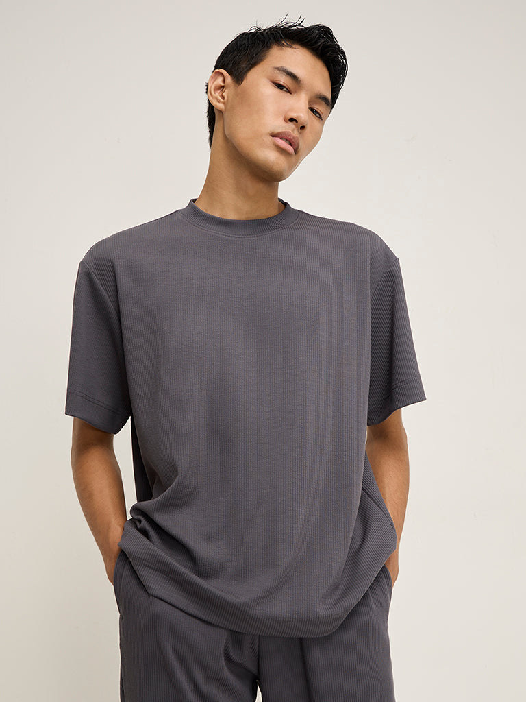 Studiofit Dark Grey Ribbed Relaxed-Fit T-Shirt