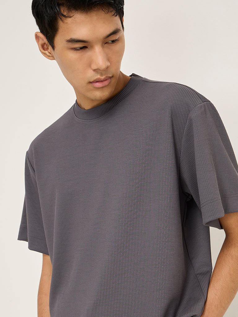 Studiofit Dark Grey Ribbed Relaxed-Fit T-Shirt