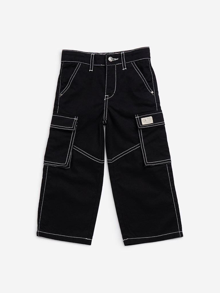 HOP Kids Black Cargo-Style Mid-Rise Cotton Trousers