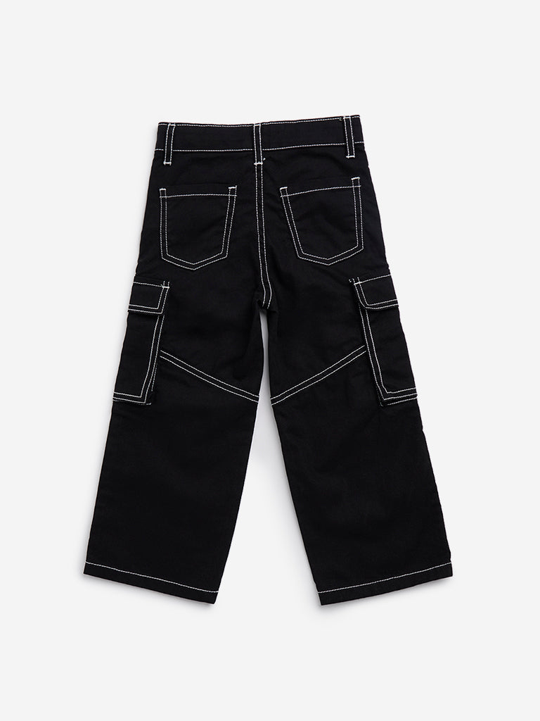 HOP Kids Black Cargo-Style Mid-Rise Cotton Trousers