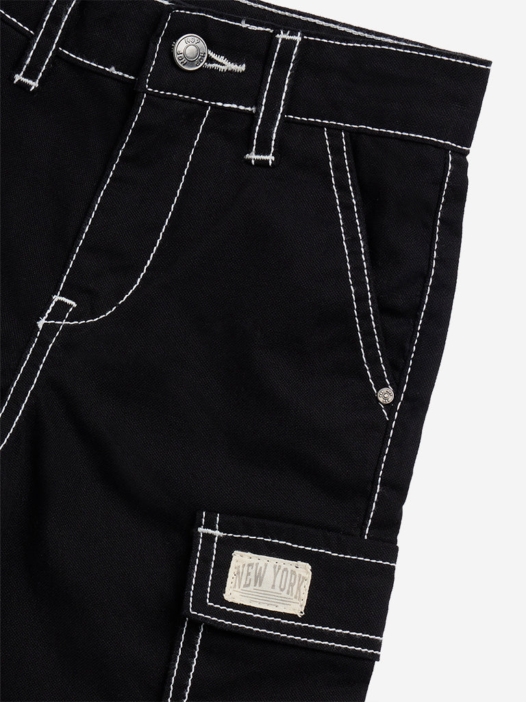 HOP Kids Black Cargo-Style Mid-Rise Cotton Trousers