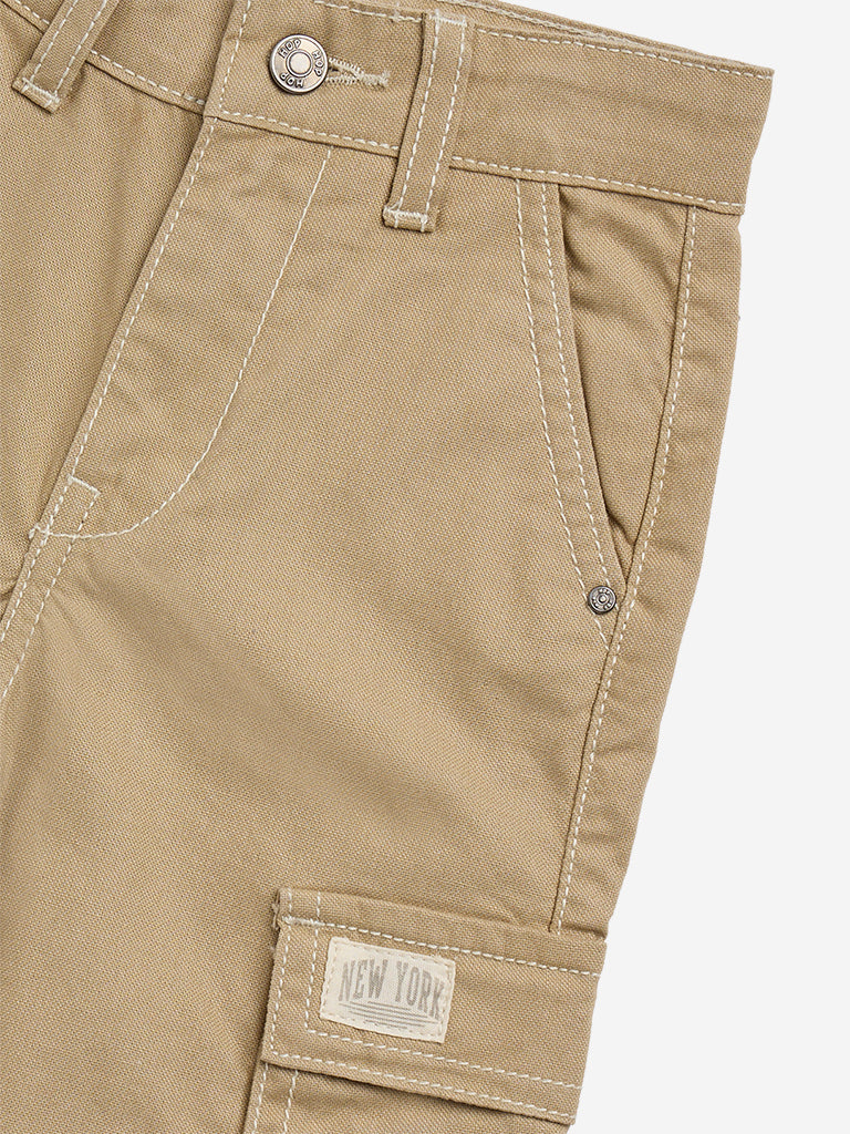 HOP Kids Beige Cargo-Style Mid-Rise Cotton Trousers