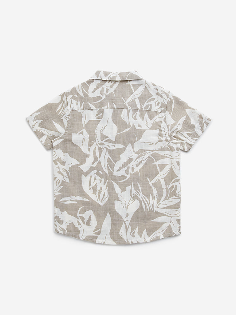 HOP Kids Taupe Floral Design Resort-Fit Cotton Shirt