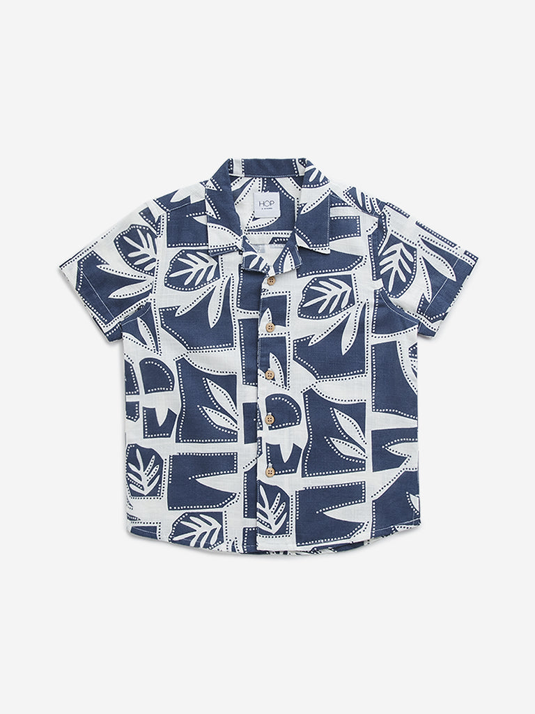 HOP Kids Navy Leaf Design Resort-Fit Cotton Shirt