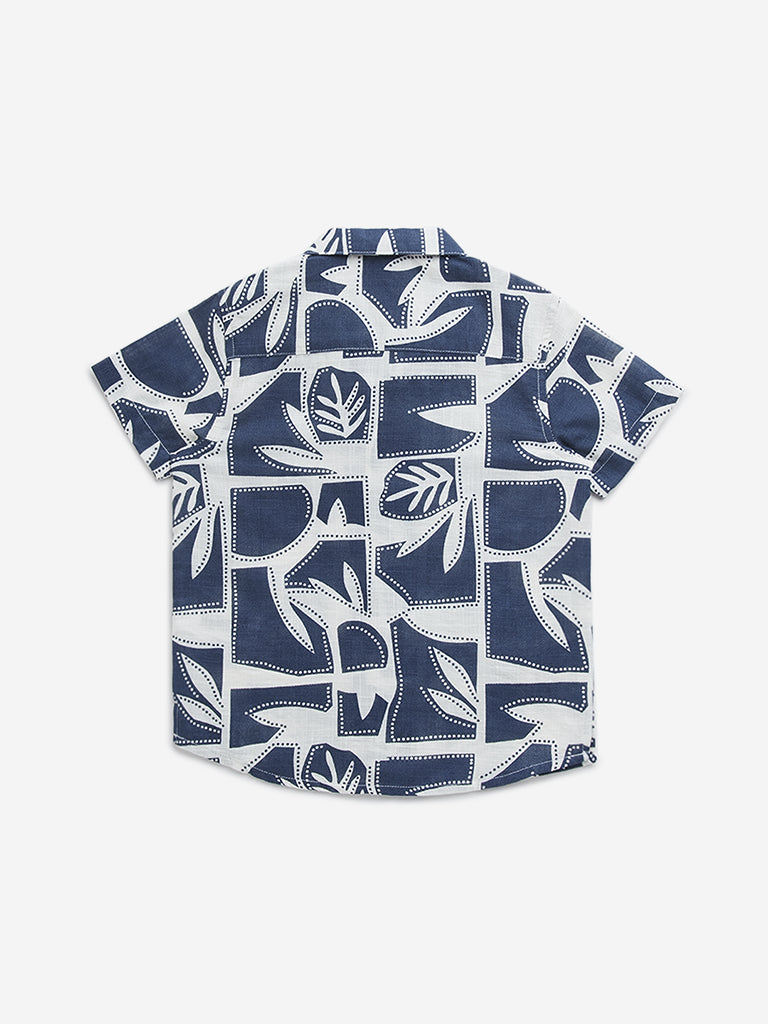 HOP Kids Navy Leaf Design Resort-Fit Cotton Shirt