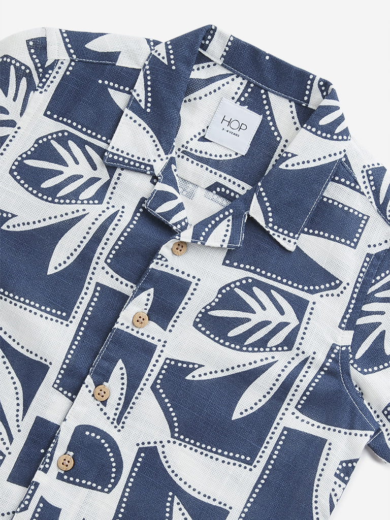 HOP Kids Navy Leaf Design Resort-Fit Cotton Shirt