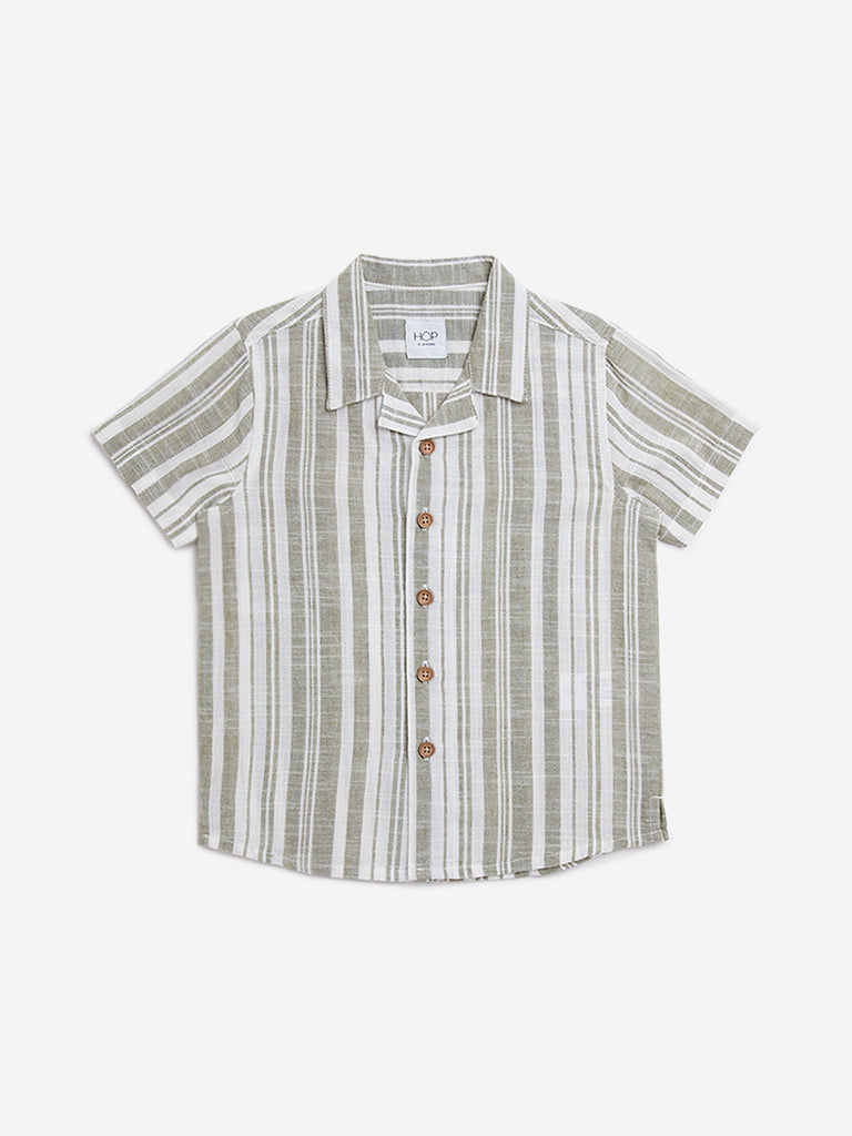 HOP Kids Olive Striped Resort-Fit Cotton Shirt