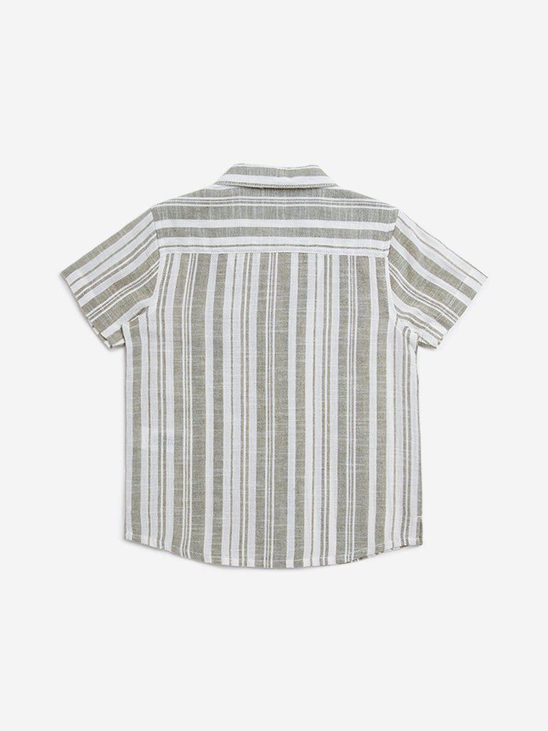 HOP Kids Olive Striped Resort-Fit Cotton Shirt