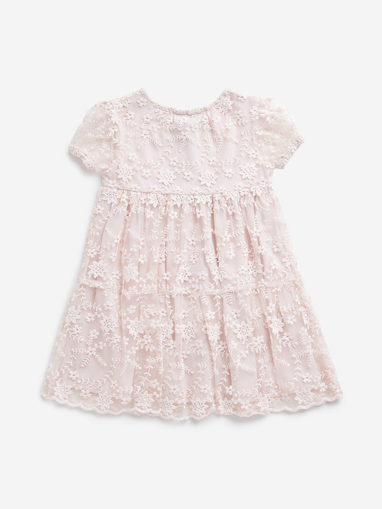 HOP Kids Pink Lace Embroidered Tiered Dress