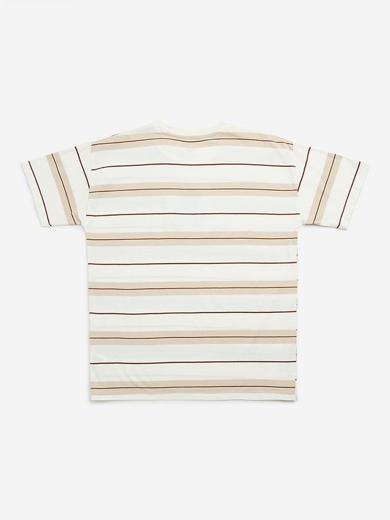 Y&F Kids Brown Striped and Printed Cotton T-Shirt