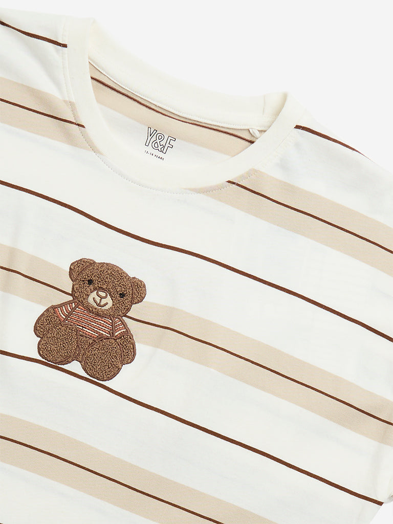 Y&F Kids Brown Striped and Printed Cotton T-Shirt