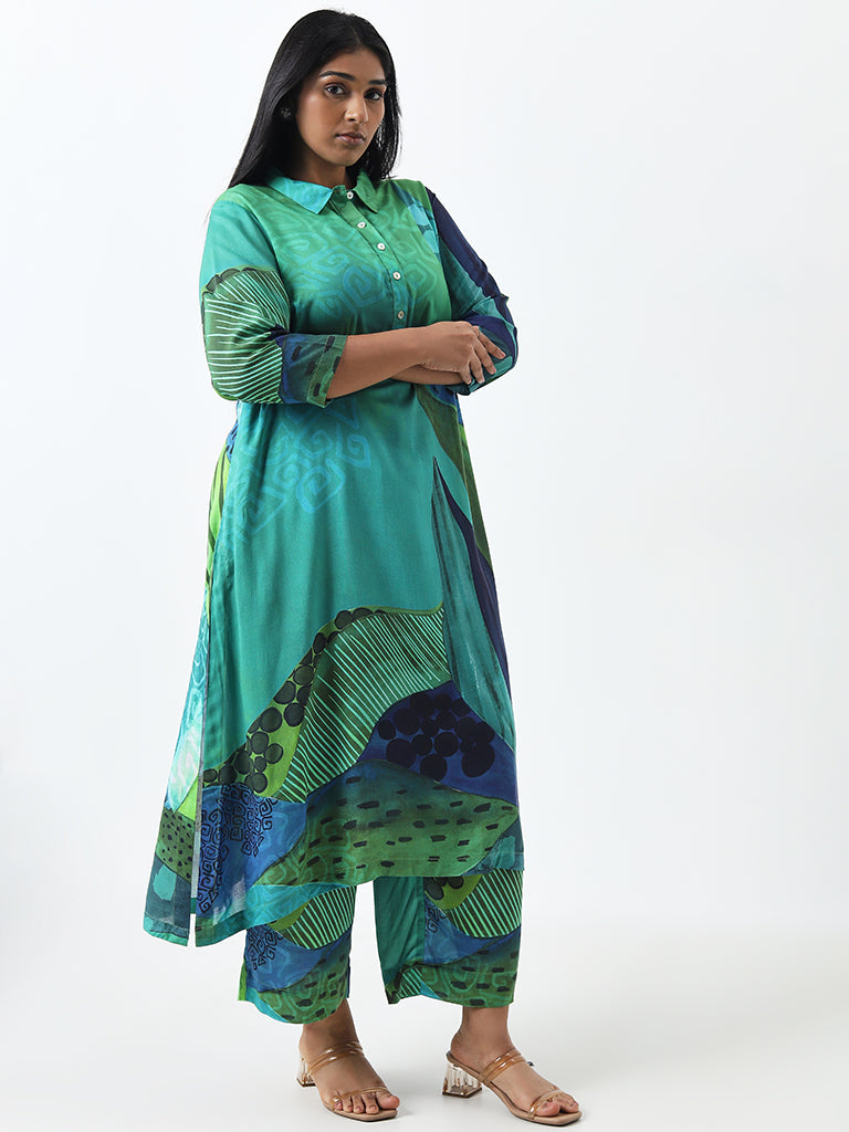 Diza Green Foliage Printed Cotton A-Line Kurta